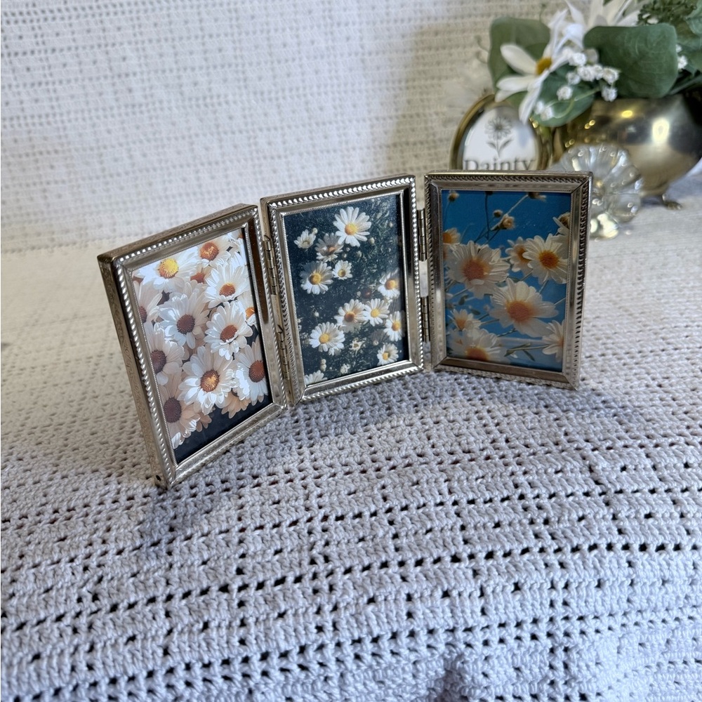 Gold Triple Photo Frame with Floral Design